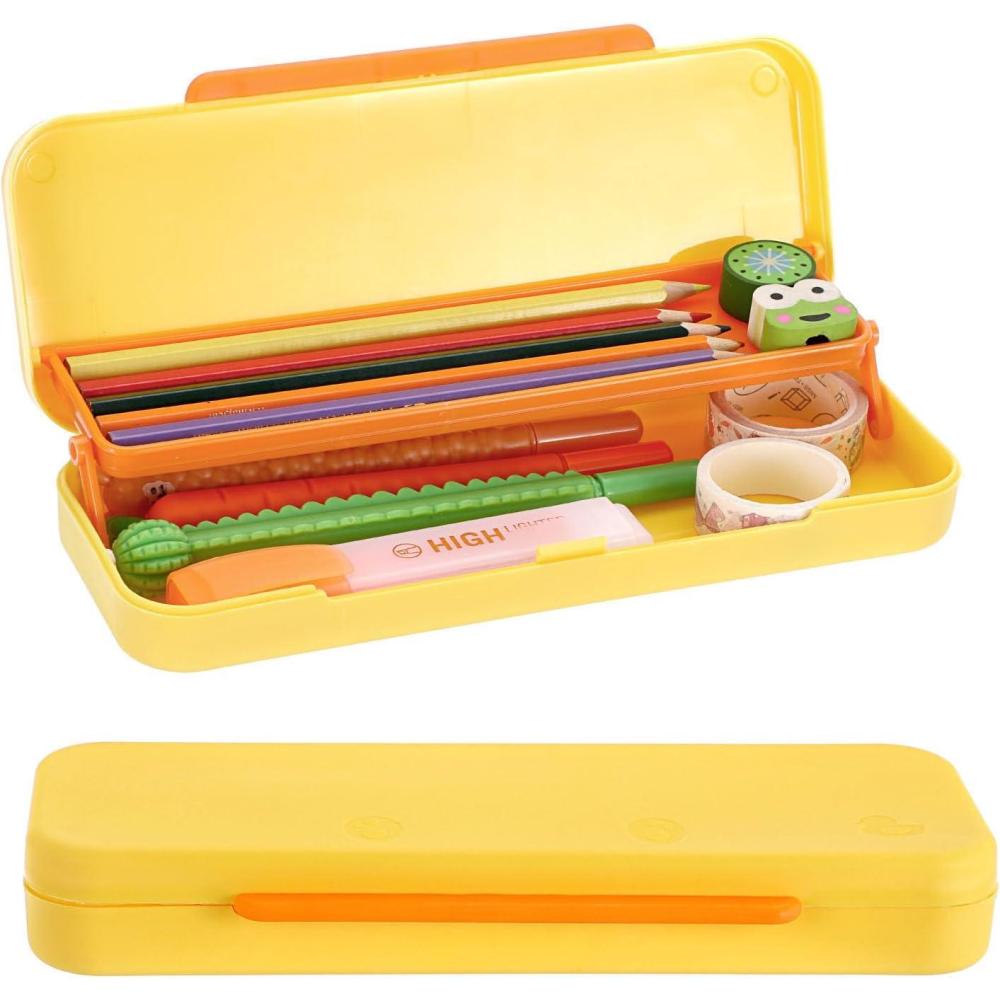 imageBTSKY Little Duck Double Layers Plastic Pencil Box Cute Pen Box Organizer Plastic Storage Box with Compact Size for Pencils Erasers Paper Clips and Other Small Stationery Supplies WhiteYellow