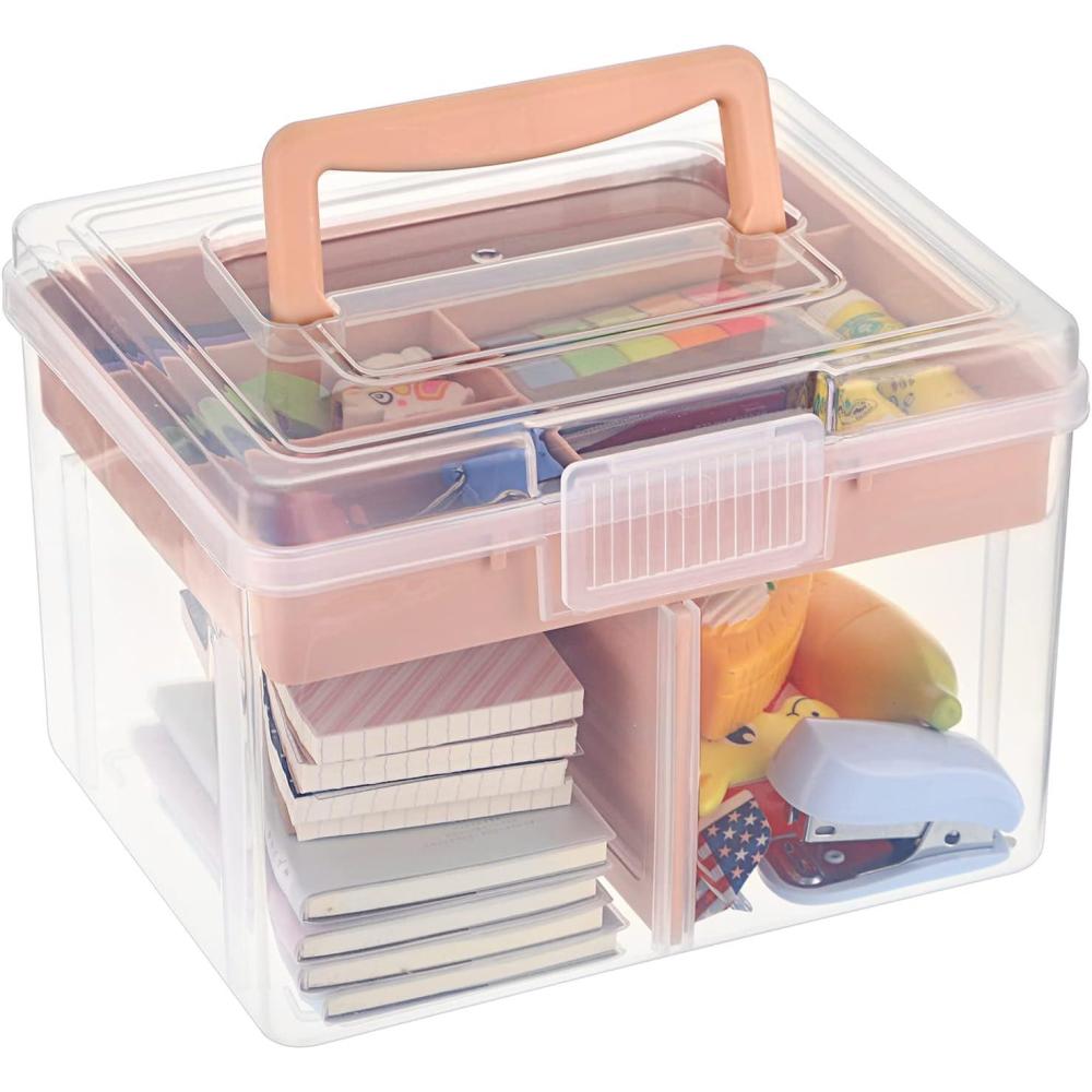 imageBTSKY Modern Big Pink Dividing Box with Tray 1181 x 669 x 579 inches Portable Storage Box with Removable Tray Accessories ampamp Arts ampamp Crafts OrganizerSmall Pink