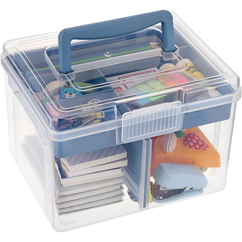 imageBTSKY Modern Big Pink Dividing Box with Tray 1181 x 669 x 579 inches Portable Storage Box with Removable Tray Accessories ampamp Arts ampamp Crafts OrganizerSmall Blue