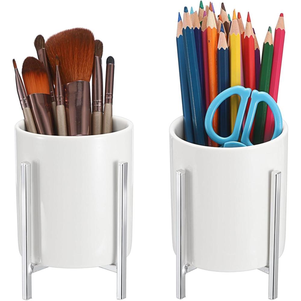 imageBTSKY Multifunctional Ceremic Organizer Caddy for Desk Cute Pencil Cup Storage Pot with Metal Rack Round Makeup Brush Holder for Bedroom Dresser Practical Kitchen Utensil Holder Set of 2Silver2 PCS