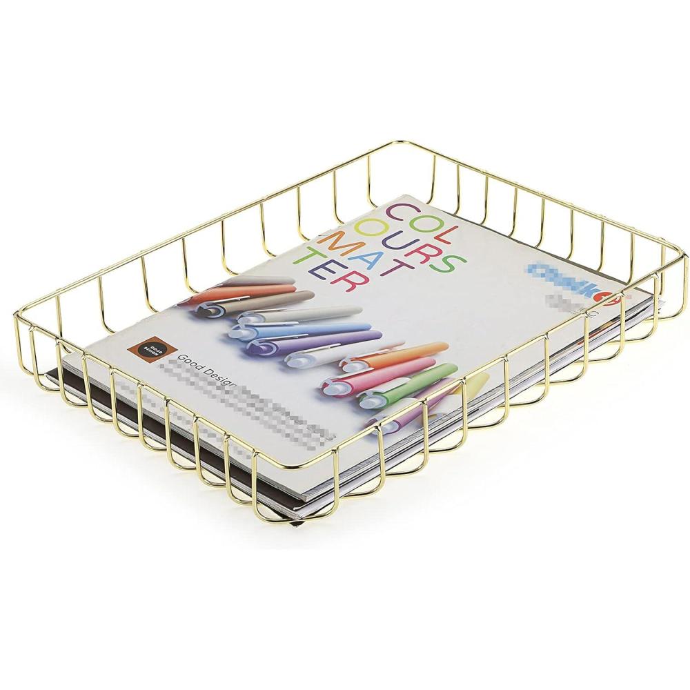 imageBTSKY Multipurpose A4 File Tray Wire Desk Tray Organizer Elegant Letter Size Desk Documents Trays Magazine Files Storage Basket Organizer Bin for Office Cosmetics BathroomRose GoldGold