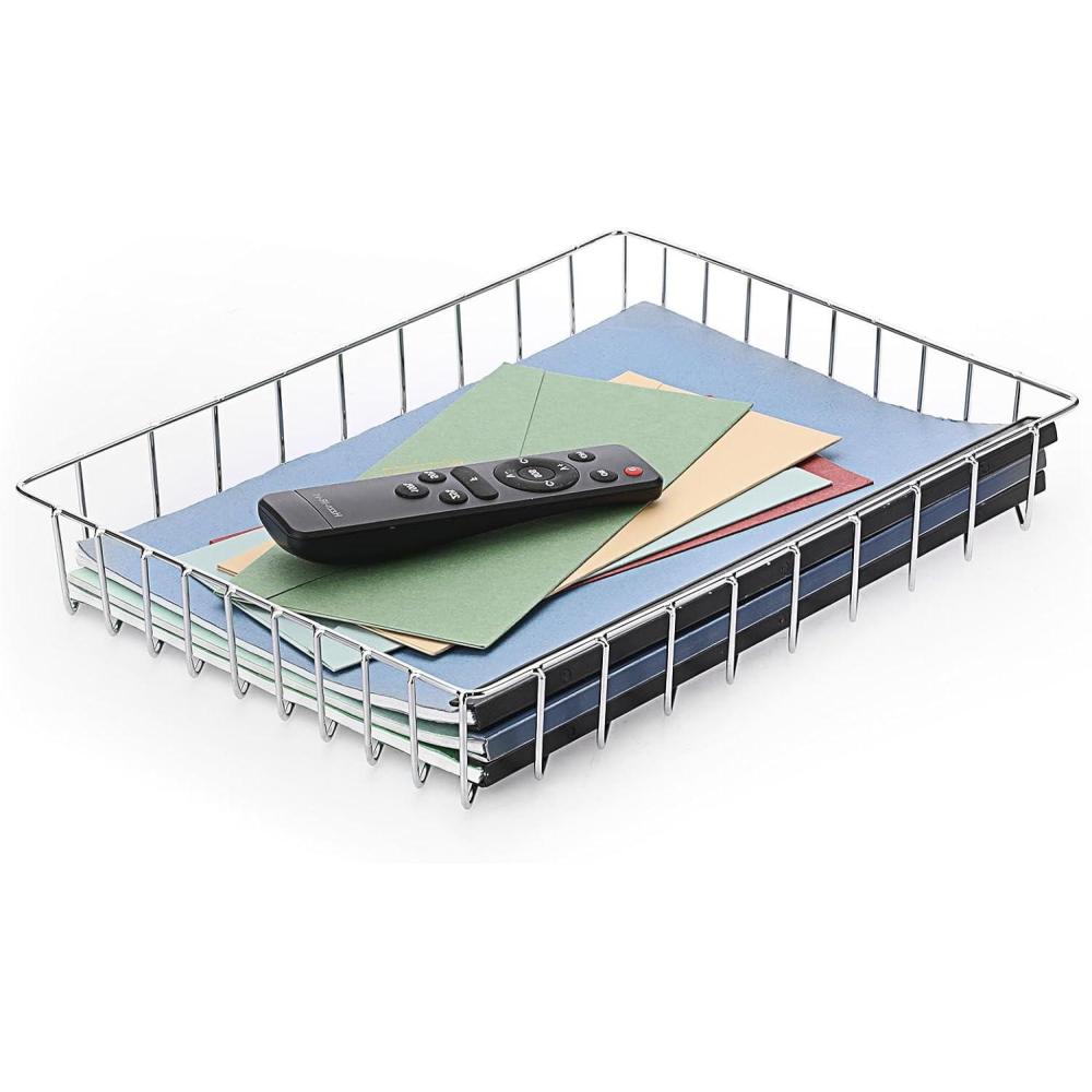 imageBTSKY Multipurpose A4 File Tray Wire Desk Tray Organizer Elegant Letter Size Desk Documents Trays Magazine Files Storage Basket Organizer Bin for Office Cosmetics BathroomRose GoldSilver
