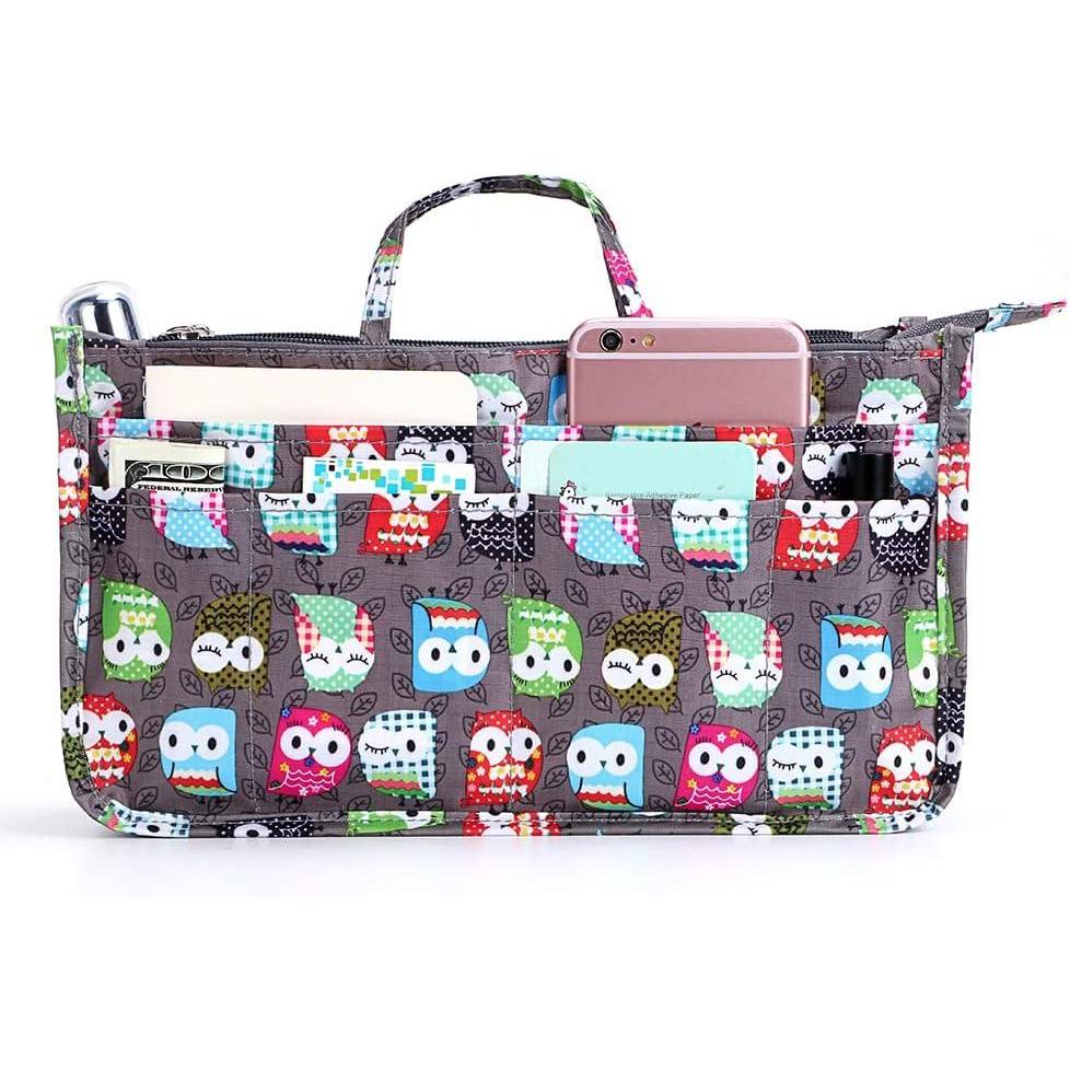 imageBTSKY New Printing Handbag Organizers Inside Purse InsertHigh Capacity 13 Pockets Bag Tote Organizer with Handle Peacock FlowerBrown