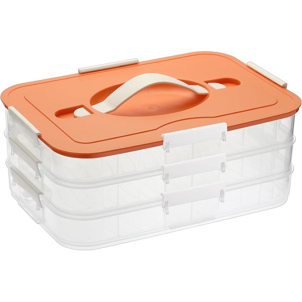 imageBTSKY Plastic Food Storage Container with lids Dumpling Storage Box Cookie Carrier Cookie Sheet with Lid Portable Large Food Container for Snack Fruit Vegetables Meat Wontons3Layer OrangeOrange3 Layer