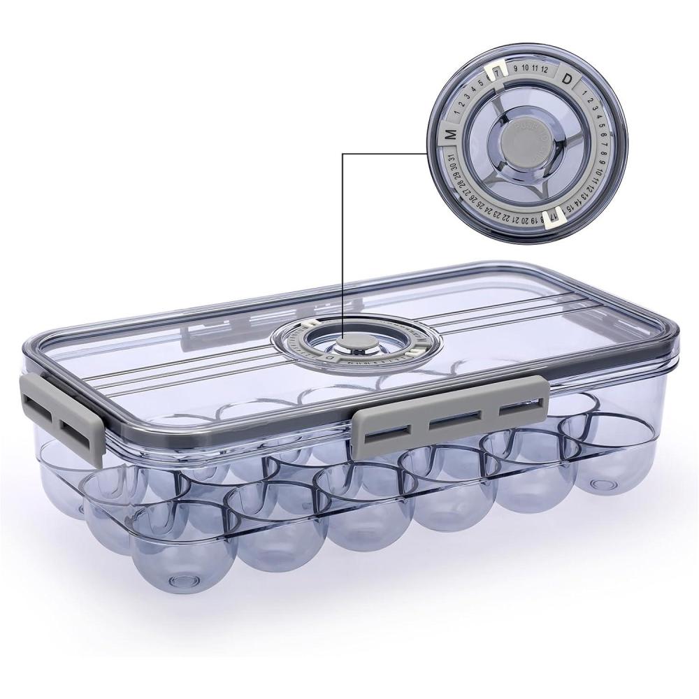 imageBTSKY Premium Plastic Egg Holder for Fridge  24 Egg Refrigerator Container Organizer with Time Reminder and LidSmallhold 18 eggs