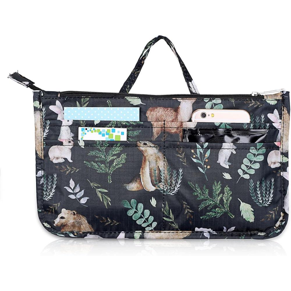 imageBTSKY Printing Handbag Organizers Inside Purse Insert  High Capacity 13 Pockets Bag Tote Organizer with HandleBlue LotusBlack Animal