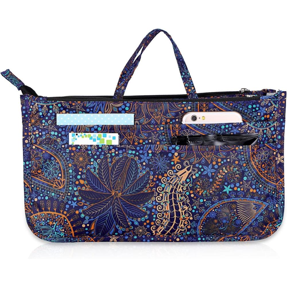 imageBTSKY Printing Handbag Organizers Inside Purse Insert  High Capacity 13 Pockets Bag Tote Organizer with HandleBlue LotusBlue Lotus