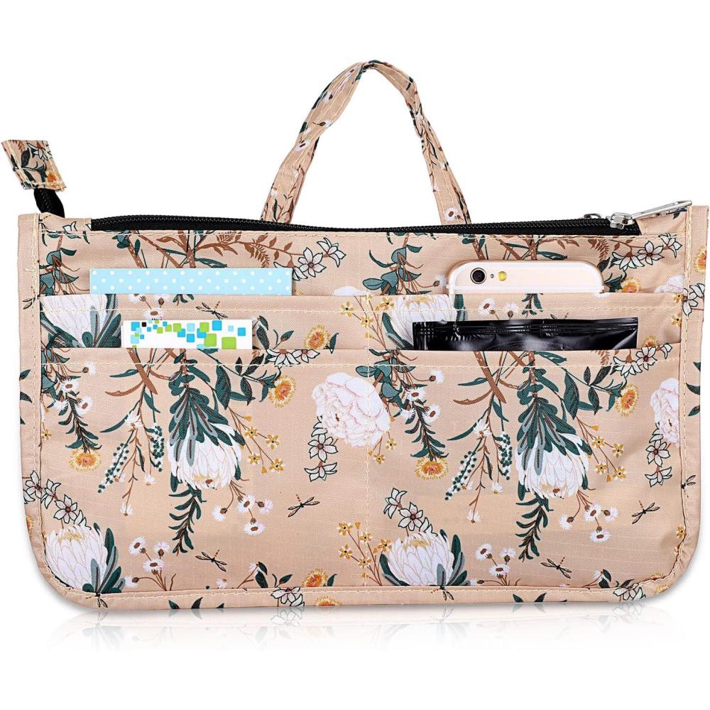 imageBTSKY Printing Handbag Organizers Inside Purse Insert  High Capacity 13 Pockets Bag Tote Organizer with HandleBlue LotusWhite Flower