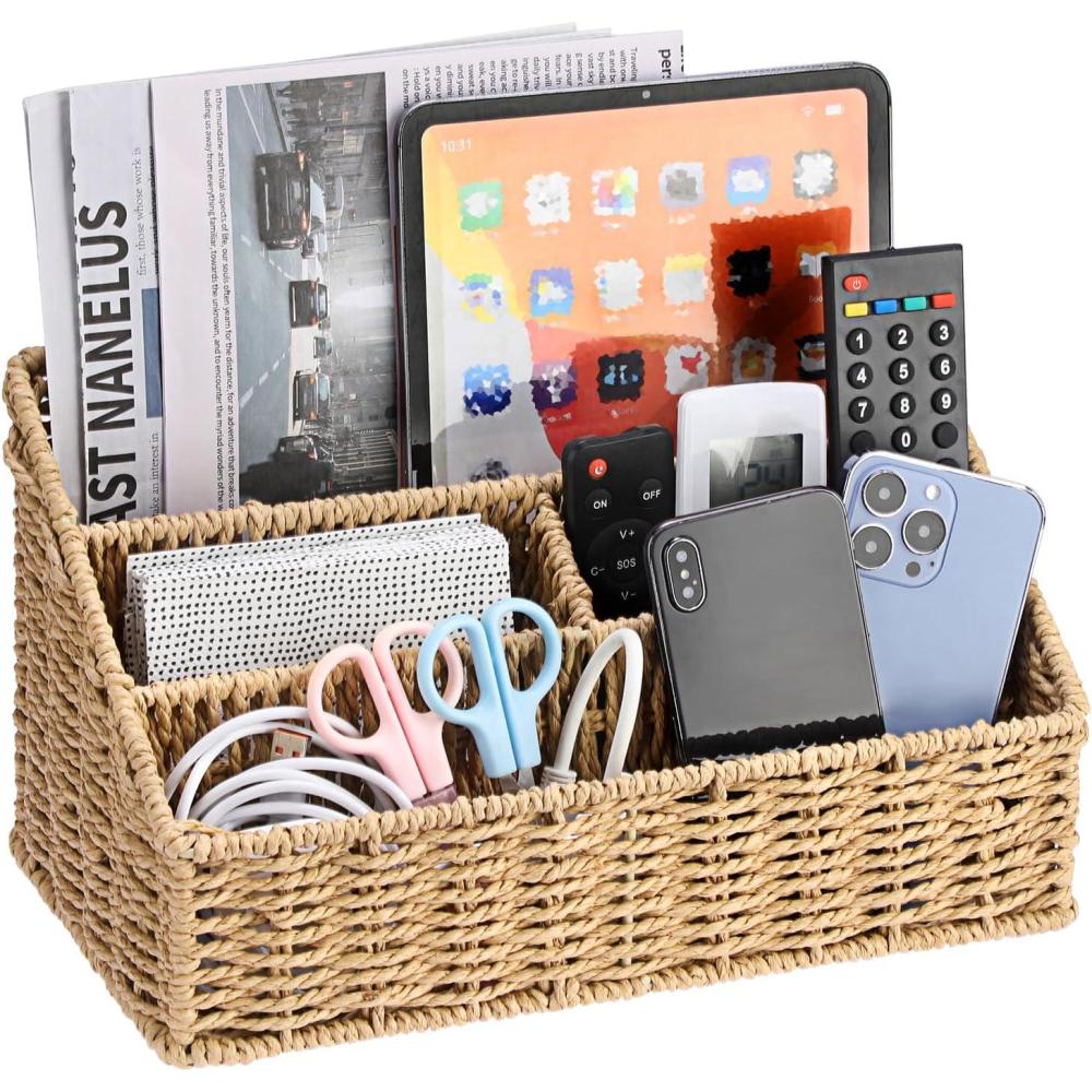 imageBTSKY Woven Divided Storage Basket Natural Hyacinth Vertical Wicker Storage Baskets 4 Compartments Desktop Home Office Supplies Sorter RackRattan