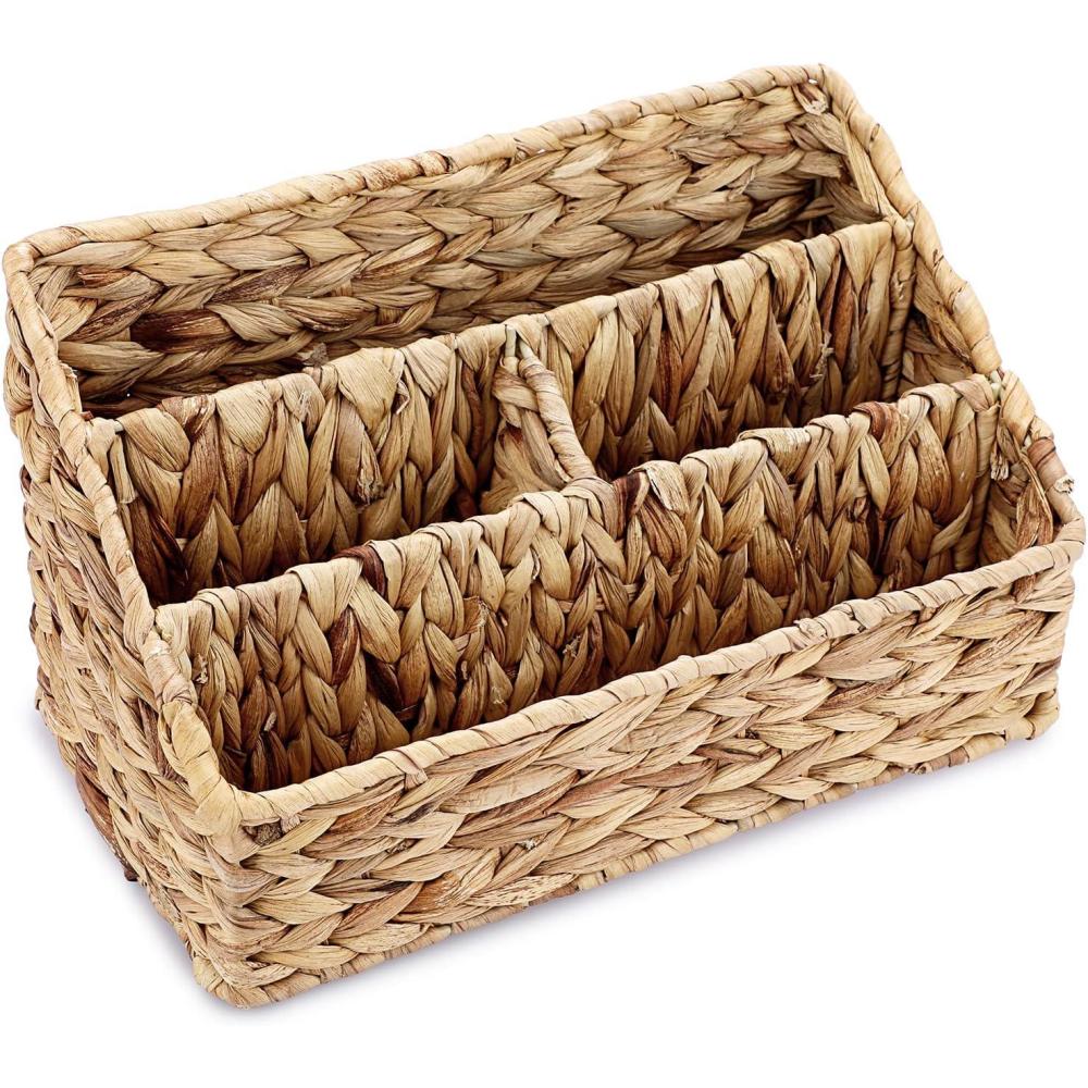 imageBTSKY Woven Divided Storage Basket Natural Hyacinth Vertical Wicker Storage Baskets 4 Compartments Desktop Home Office Supplies Sorter RackWater Hyacinth