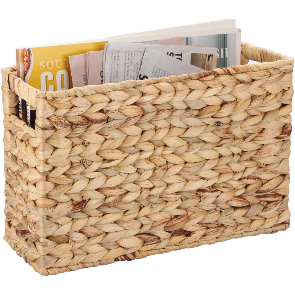 imageBTSKY Woven Magazine Holder Water Hyacinth Magazine Basket Natural Narrow Storage Basket Bin for Books ampamp Files Magazine Rack with BuiltinHandle for Home Office ampamp Desk  154x55x98 Inch