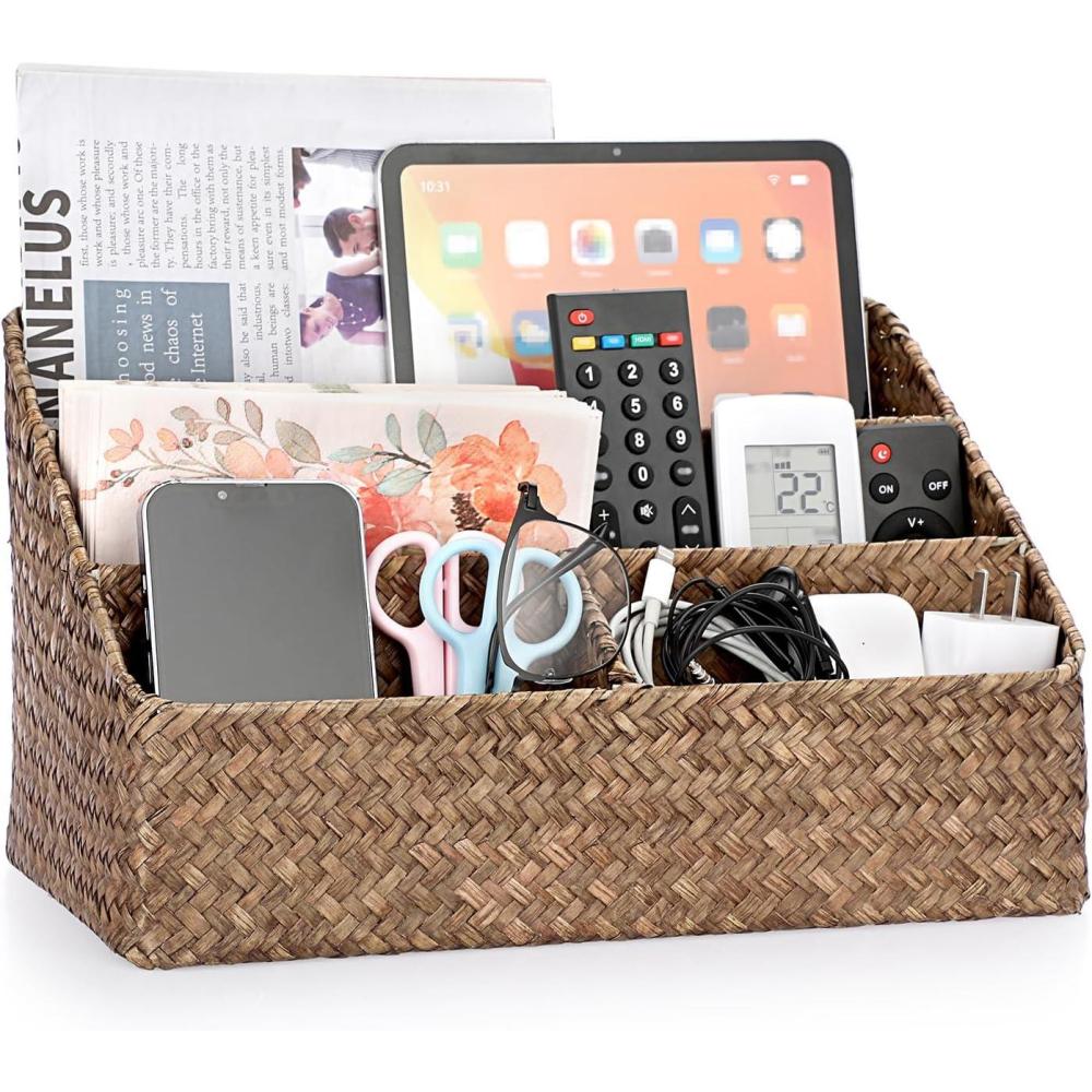 imageBTSKY Woven Storage Basket Natural Seagrass Vertical Wicker Storage Baskets with 4 Compartments Desk Organizers and Storage Magazine File Holder Home Office Supplies Sorter Rack CaramelCoffee