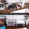 BTSKY 4 Pack Extra Large Plastic Pencil Box Stackable Translucent Clear Pencil Caase Crayon Box Set, Marker Organizer Art Supply Storage Organizer for Gel Pens Pencils Erasers Tape Markers etc(Grey)(Blue)