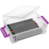 BTSKY 4 Pack Extra Large Plastic Pencil Box Stackable Translucent Clear Pencil Caase Crayon Box Set, Marker Organizer Art Supply Storage Organizer for Gel Pens Pencils Erasers Tape Markers etc(Grey)(Purple)