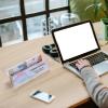 BTSKY Clear Acrylic 2-Slot Business Card Holder for Desk, Slant Back Name Card Organizer with Name Plate Display Holder, Acrylic Office Desk Name Card Storage Rack for Reception & Exhibition