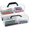 BTSKY 3 Pack Long Plastic Pencil Box Portable Clear Home Utility Boxes with Black Handle Stationery Storage Organizer Painting Tool Storage Container for Pencils Markers Sticky-Notes Craft Supplies