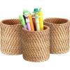 BTSKY 3 Pack Rattan Pen Cup, Handmade Desk Pencil Holders Makeup Brush Holder Multi-Functional Woven Basket Office&Home Desktop Organizer (Cylinder)(Cylinder-3 Pack)