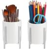 BTSKY Multifunctional Ceremic Organizer Caddy for Desk, Cute Pencil Cup Storage Pot with Metal Rack, Round Makeup Brush Holder for Bedroom Dresser, Practical Kitchen Utensil Holder, Set of 2(Silver-2 PCS)