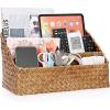 BTSKY Woven Storage Basket Natural Seagrass Vertical Wicker Storage Baskets with 4 Compartments Desk Organizers and Storage Magazine File Holder Home Office Supplies Sorter Rack, Caramel(Caramel)