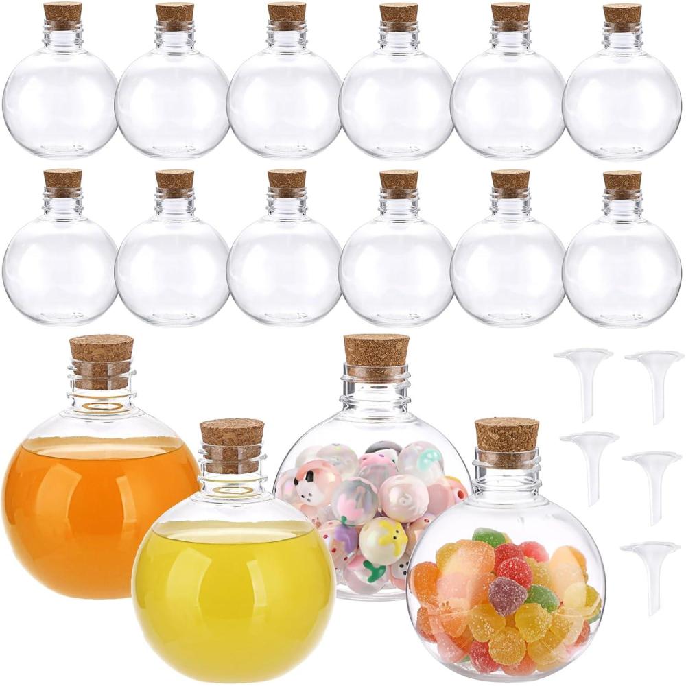 imageBTSKY 16 Pcs 5 oz Plastic Bottles with Corks Clear Sand Art Bottles with Funnels Mini Potion Bottle Essential Oil Containers Candy Boxes for DIY Craft Wedding Party Home Decoration Ball Shape