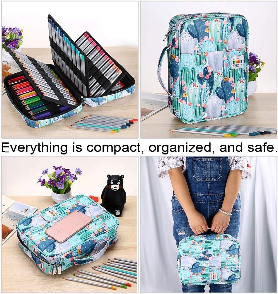 imageBTSKY Colored Pencil Case 220 Slots Pen Pencil Bag Organizer with Handy Wrap Portable Multilayer Holder for Prismacolor Crayola Colored Pencils ampamp Gel PenBlackCactus