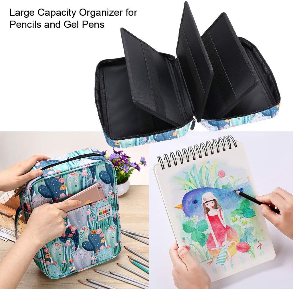 imageBTSKY Colored Pencil Case 220 Slots Pen Pencil Bag Organizer with Handy Wrap Portable Multilayer Holder for Prismacolor Crayola Colored Pencils ampamp Gel PenBlackCactus