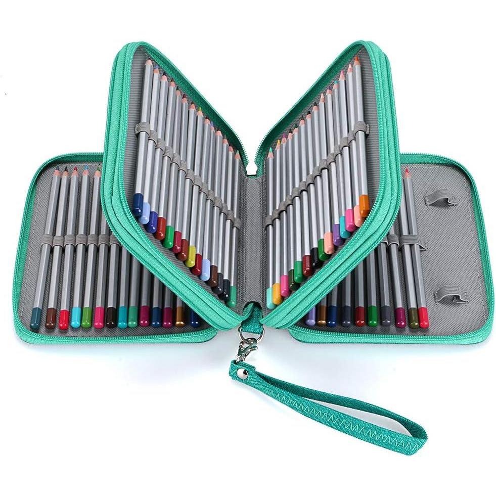 imageBTSKY Zippered Pencil CaseCanvas 72 Slots Handy Pencil Holders for for Prismacolor Watercolor Pencils Crayola Colored Pencils Marco Pencils BlackGreen