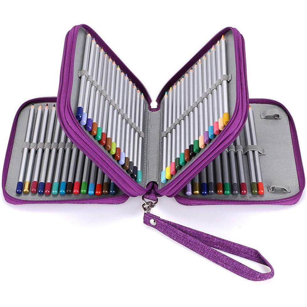 imageBTSKY Zippered Pencil CaseCanvas 72 Slots Handy Pencil Holders for for Prismacolor Watercolor Pencils Crayola Colored Pencils Marco Pencils BlackPurple