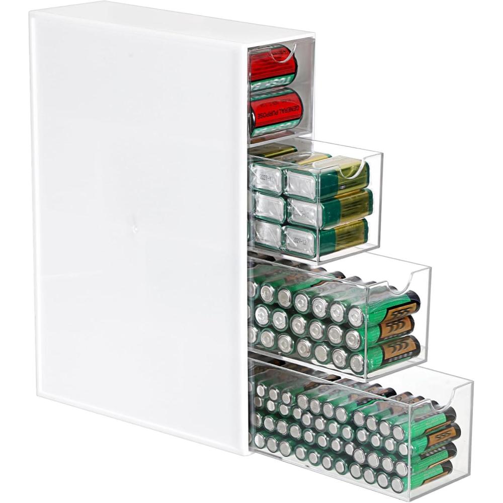 imageBTSKY 1 Pack White Acrylic Battery Storage Organizer for AA AAA 9V C Batteries 4Drawer Storage Box Battery Holder Organizer for Common Types Batteries Household ContainerBatteries Not IncludedWhite