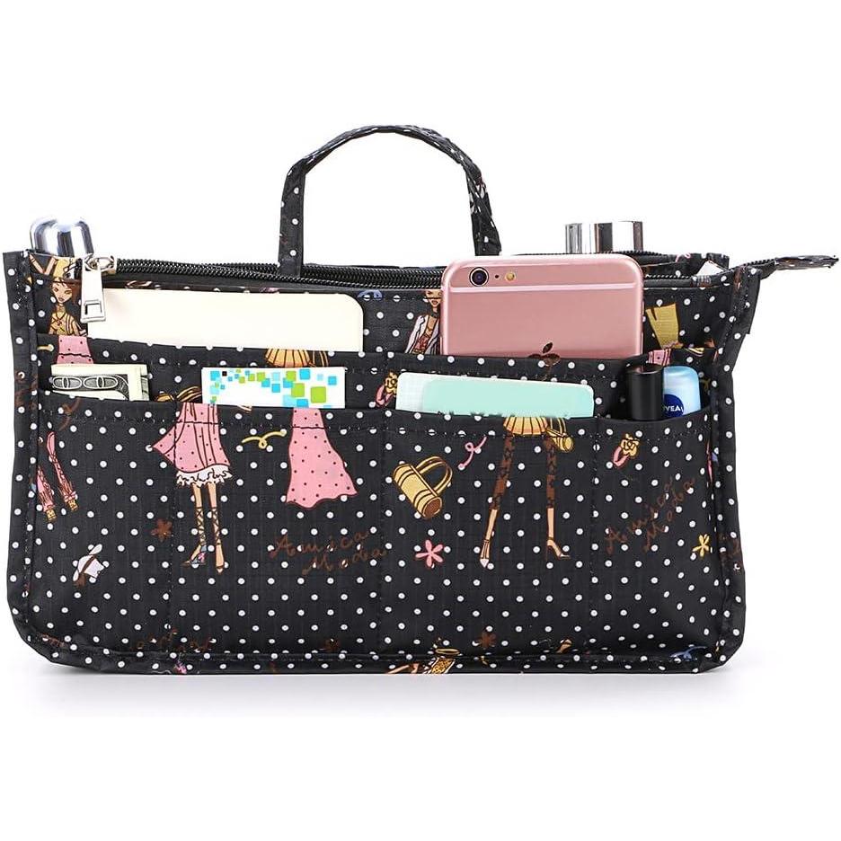 imageBTSKY Printing Handbag Organizers Inside Purse Insert  High Capacity 13 Pockets Bag Tote Organizer with Handle PeonyBlackPink