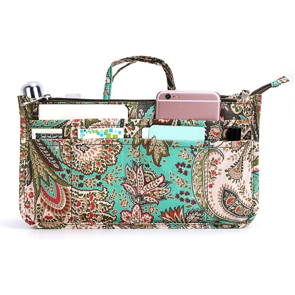 imageBTSKY Printing Handbag Organizers Inside Purse Insert  High Capacity 13 Pockets Bag Tote Organizer with Handle PeonyGreenBrown