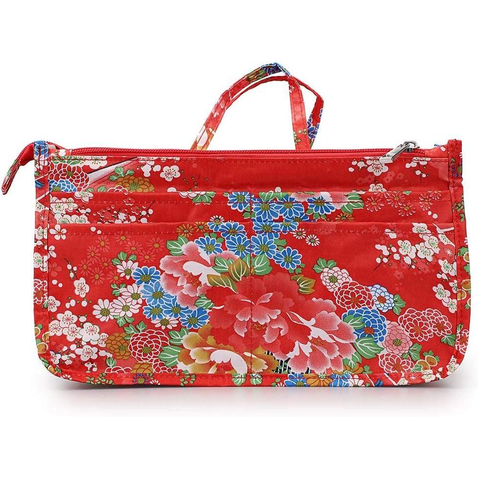 imageBTSKY Printing Handbag Organizers Inside Purse Insert High Capacity 13 Pockets Bag Tote Organizer with Handle PeonyRed