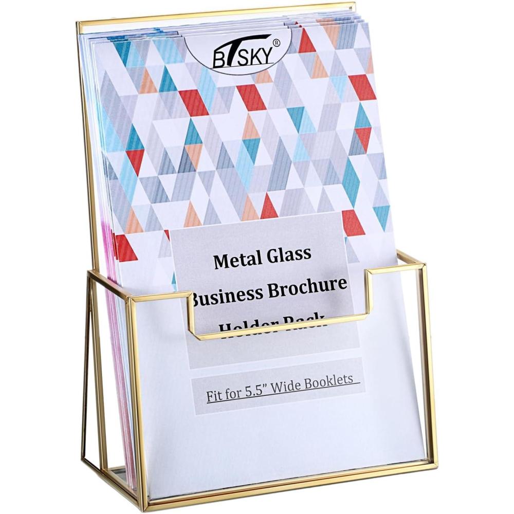 imageBTSKY Golden Glass Brochure Holder 85 x 11 Inches Countertop Pamphlet Holder Display Stand with Business Card Holder Trifold Flyer Holder Clear Elegant Brochure Display Stand for Magazine Booklets55x85