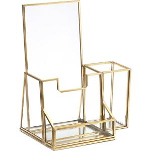 BTSKY Golden Glass Brochure Holder 8.5 x 11 Inches, Countertop Pamphlet Holder Display Stand with Business Card Holder, Trifold Flyer Holder, Clear Elegant Brochure Display Stand for Magazine Booklets(4″x8″ with 2 Pocket)