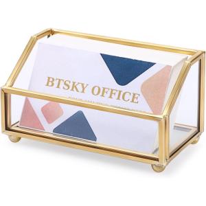 BTSKY Golden Glass Business Card Holder for Desk, Name Card Display Stand for Office Countertop, Business Card Storage Organizer with Mirror Bottom Office Meeting Desk Accessories for Men & Women