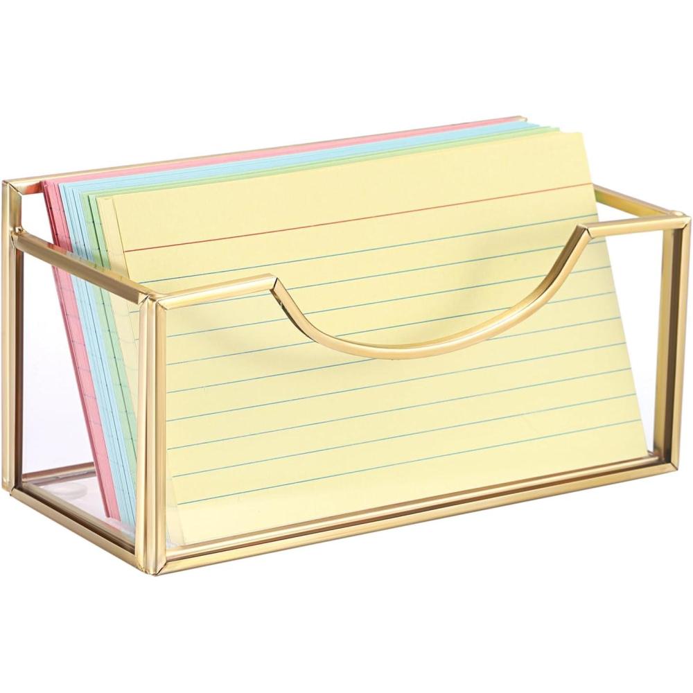 imageBTSKY 1 Pack Golden Glass Index Card Holder 3x5 Inch Desk Card Organizer Box Postcard Storage Rack with NonSlip Pads Notecard Case Index Cards Display Stand for Office Home Coupons Receipts Photos3 x 5