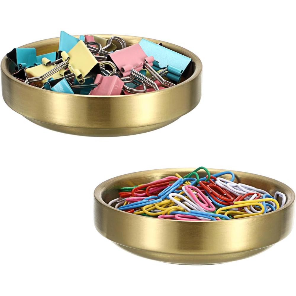 imageBTSKY 2 Pack Flat Golden Paper Clip Holder Stackable Desk Organizer Metal Storage Bowl for Small Office Supplies Paper Clips ampamp Tiny Parts Cute Round Jewelry Storage for Office Bathroom VanityRound  2 PACK