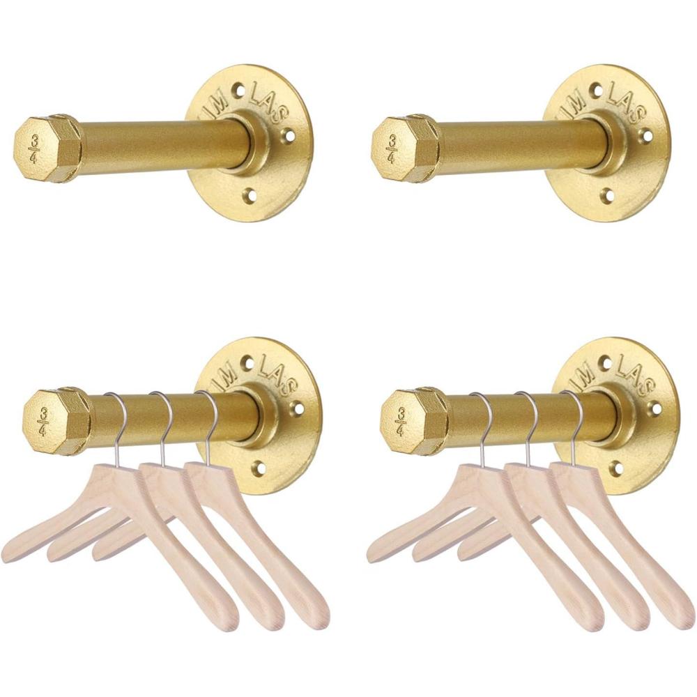 imageBTSKY 4 Pack Gold 6 Inch Iron Industrial Pipe Clothes Rack with Screws Heavy Duty Wall Mounted Clothing Hanging Rod Shelving Brackets for Laundry Room Retail StoreGold