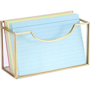 BTSKY 1 Pack Golden Glass Index Card Holder, 3×5 Inch Desk Card Organizer Box Postcard Storage Rack with Non-Slip Pads, Notecard Case Index Cards Display Stand for Office Home Coupons Receipts Photos(4” x 6”)