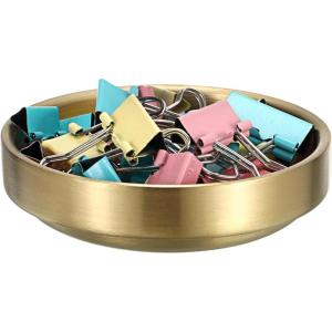 BTSKY 2 Pack Flat Golden Paper Clip Holder, Stackable Desk Organizer Metal Storage Bowl for Small Office Supplies Paper Clips & Tiny Parts, Cute Round Jewelry Storage for Office Bathroom Vanity(Round – 1 PACK)