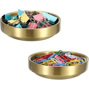 BTSKY 2 Pack Flat Golden Paper Clip Holder, Stackable Desk Organizer Metal Storage Bowl for Small Office Supplies Paper Clips & Tiny Parts, Cute Round Jewelry Storage for Office Bathroom Vanity(Round – 2 PACK)