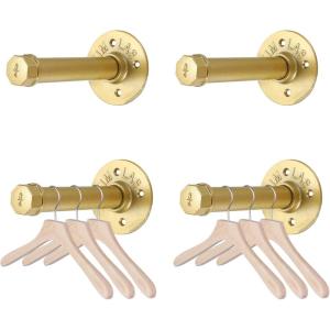 BTSKY 4 Pack Gold 6 Inch Iron Industrial Pipe Clothes Rack with Screws, Heavy Duty Wall Mounted Clothing Hanging Rod Shelving Brackets for Laundry Room Retail Store(Gold)
