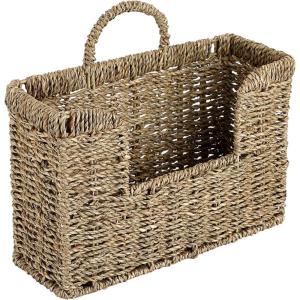 BTSKY Woven Hanging Magazine Holder, Water Hyacinth Magazine Basket, Wall Mounted Storage Basket for Books & Files, Wall File Organizer Magazine Rack with Handle for Home & Office – 11.8×4.3×7.9 Inch(Sea Grass)