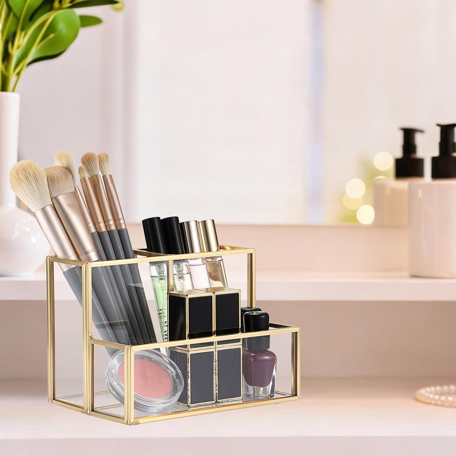 image:imageBTSKY 1 Pack Golden Glass Pen Holder for Desk Clear Pencil Cup with 3 Compartments Metal Pen Cup Makeup Brushes Holder Desktop Pens Pot Container Stationery Cosmetic Caddy Storage for Office Home