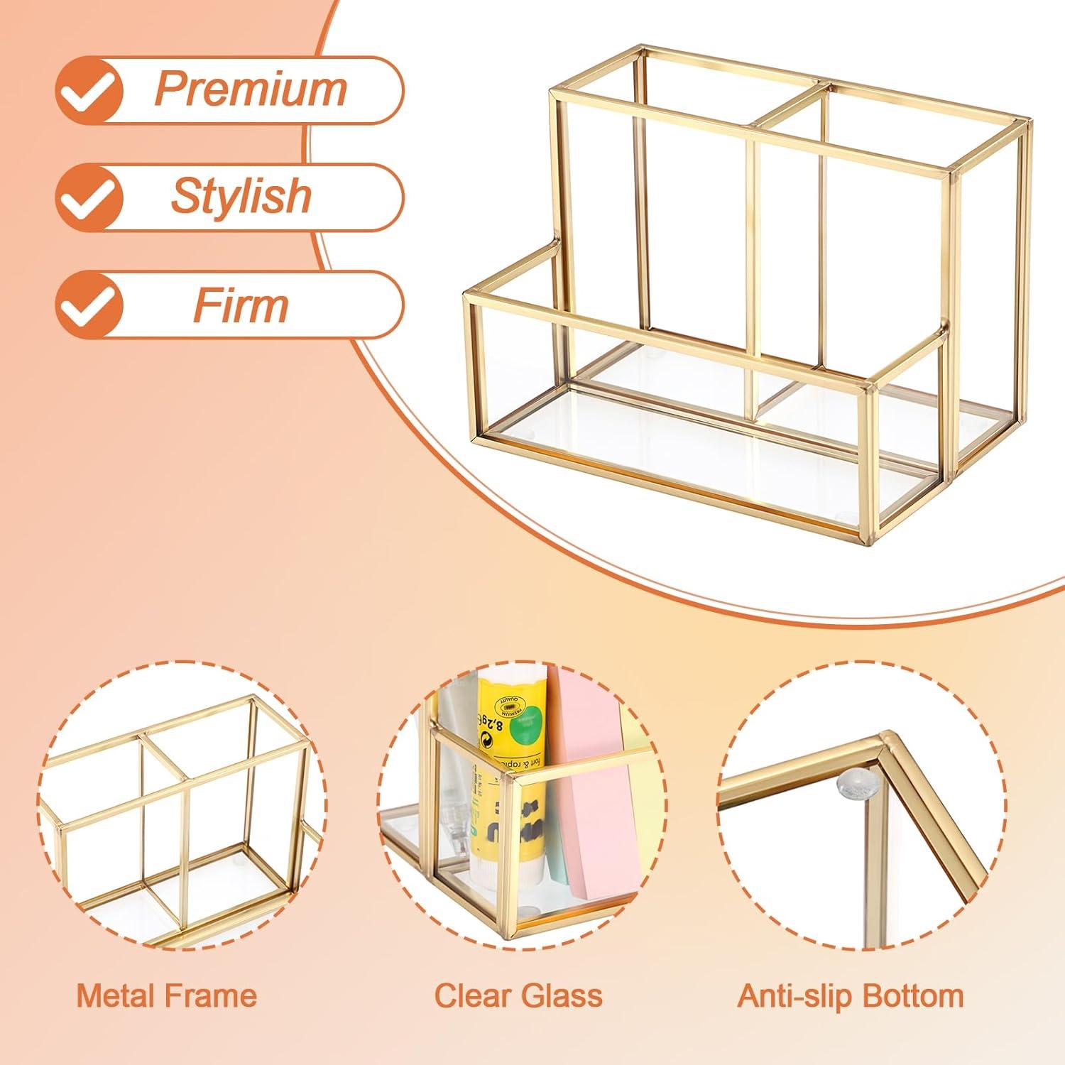 image:imageBTSKY 1 Pack Golden Glass Pen Holder for Desk Clear Pencil Cup with 3 Compartments Metal Pen Cup Makeup Brushes Holder Desktop Pens Pot Container Stationery Cosmetic Caddy Storage for Office Home