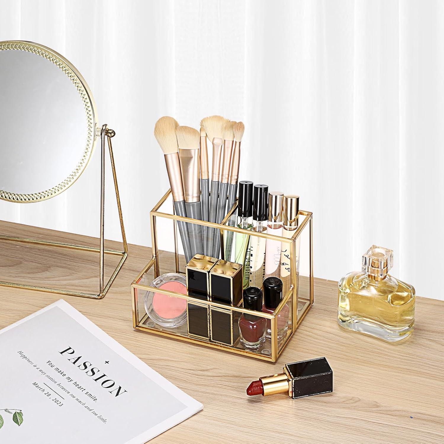 image:imageBTSKY 1 Pack Golden Glass Pen Holder for Desk Clear Pencil Cup with 3 Compartments Metal Pen Cup Makeup Brushes Holder Desktop Pens Pot Container Stationery Cosmetic Caddy Storage for Office Home