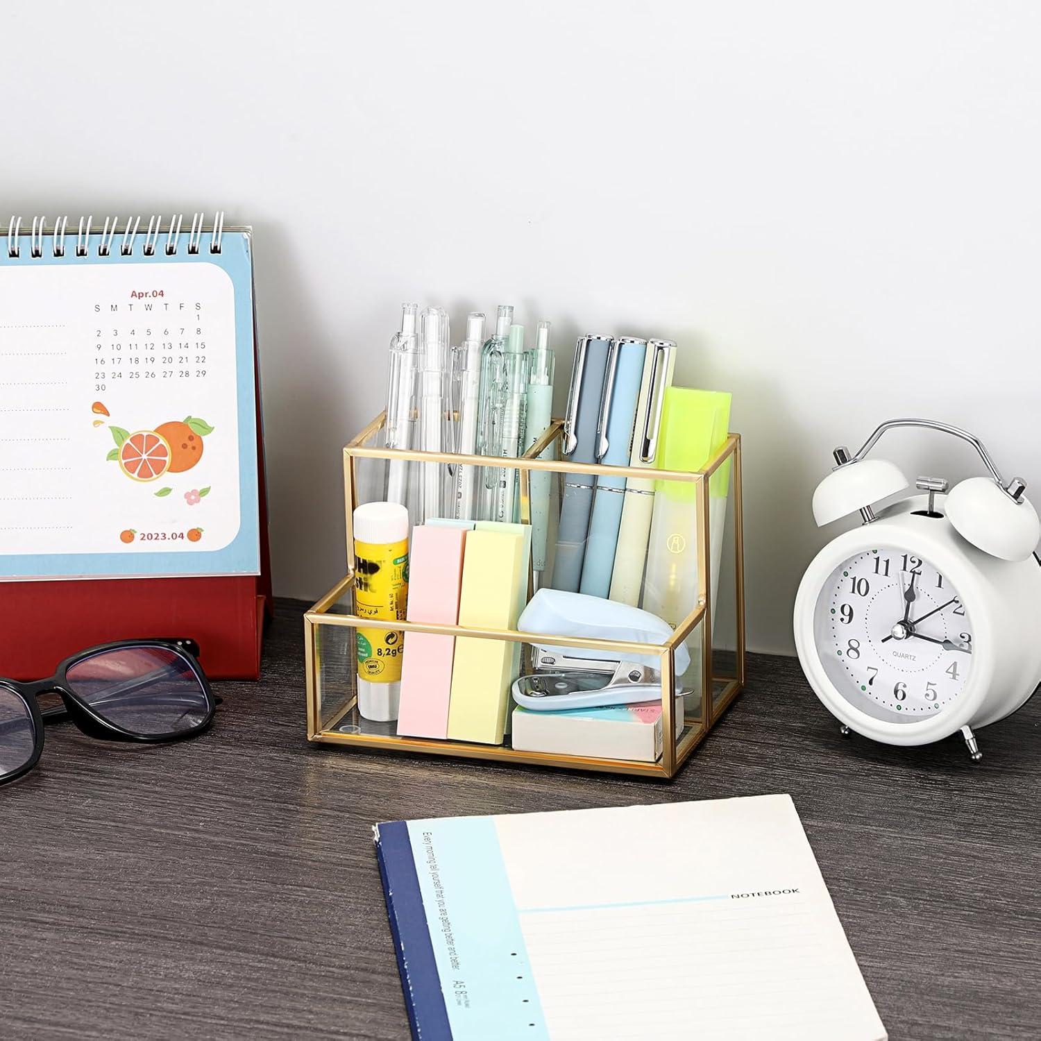 image:imageBTSKY 1 Pack Golden Glass Pen Holder for Desk Clear Pencil Cup with 3 Compartments Metal Pen Cup Makeup Brushes Holder Desktop Pens Pot Container Stationery Cosmetic Caddy Storage for Office Home