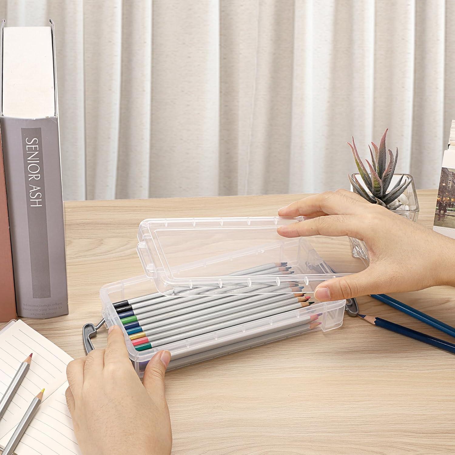 image:imageBTSKY 1 Pack Modern Plastic Pencil Box Clear Marker Organizer Stackable Storage Box for Painting Brushes Pencils Crayon Case Pen Container with Snaptight Lid for Drawing Tools Small Items PurpleGrey