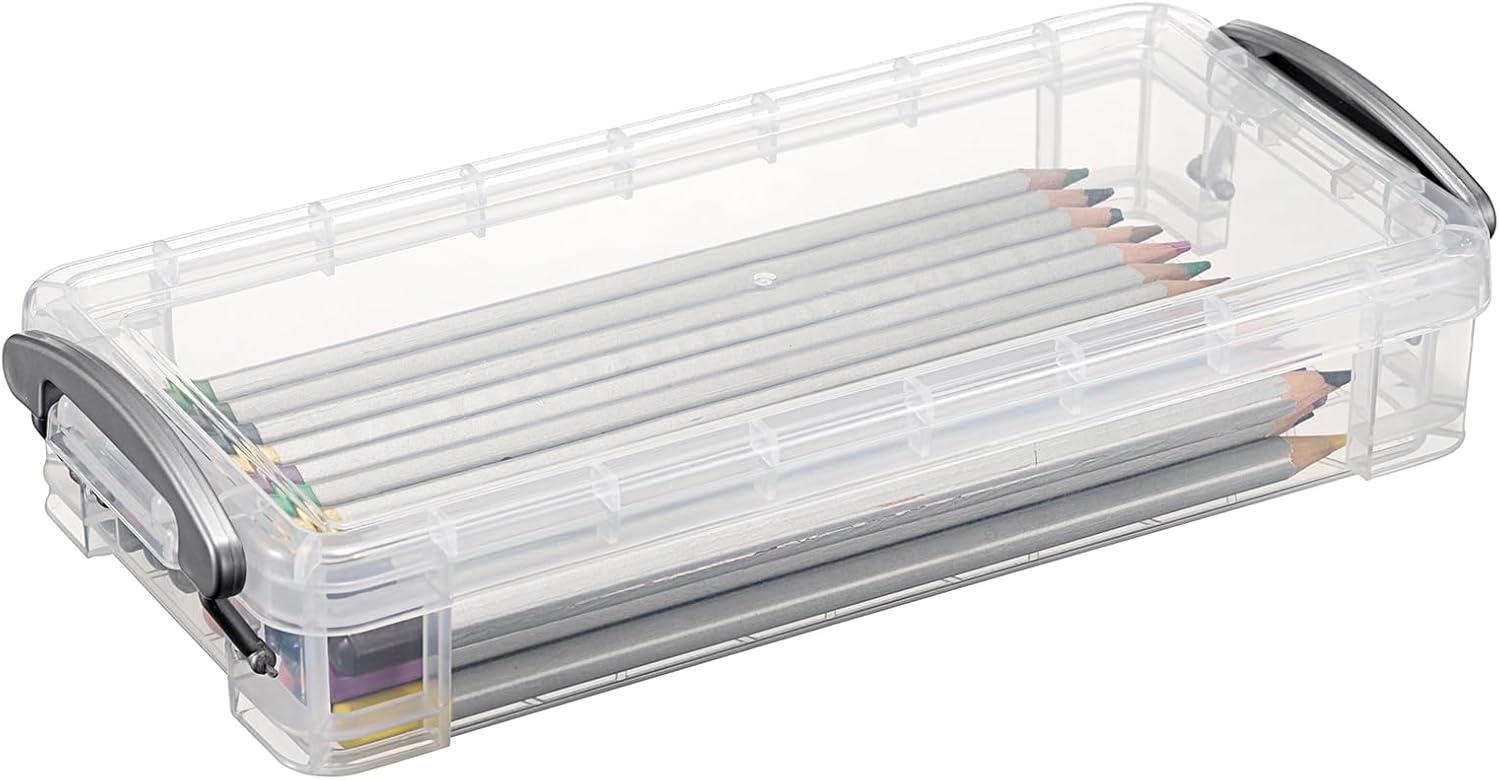 image:imageBTSKY 1 Pack Modern Plastic Pencil Box Clear Marker Organizer Stackable Storage Box for Painting Brushes Pencils Crayon Case Pen Container with Snaptight Lid for Drawing Tools Small Items PurpleGrey