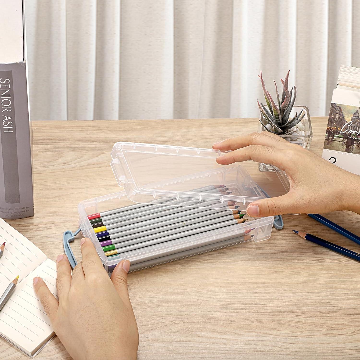 image:imageBTSKY 1 Pack Modern Plastic Pencil Box Clear Marker Organizer Stackable Storage Box for Painting Brushes Pencils Crayon Case Pen Container with Snaptight Lid for Drawing Tools Small Items PurpleBlue
